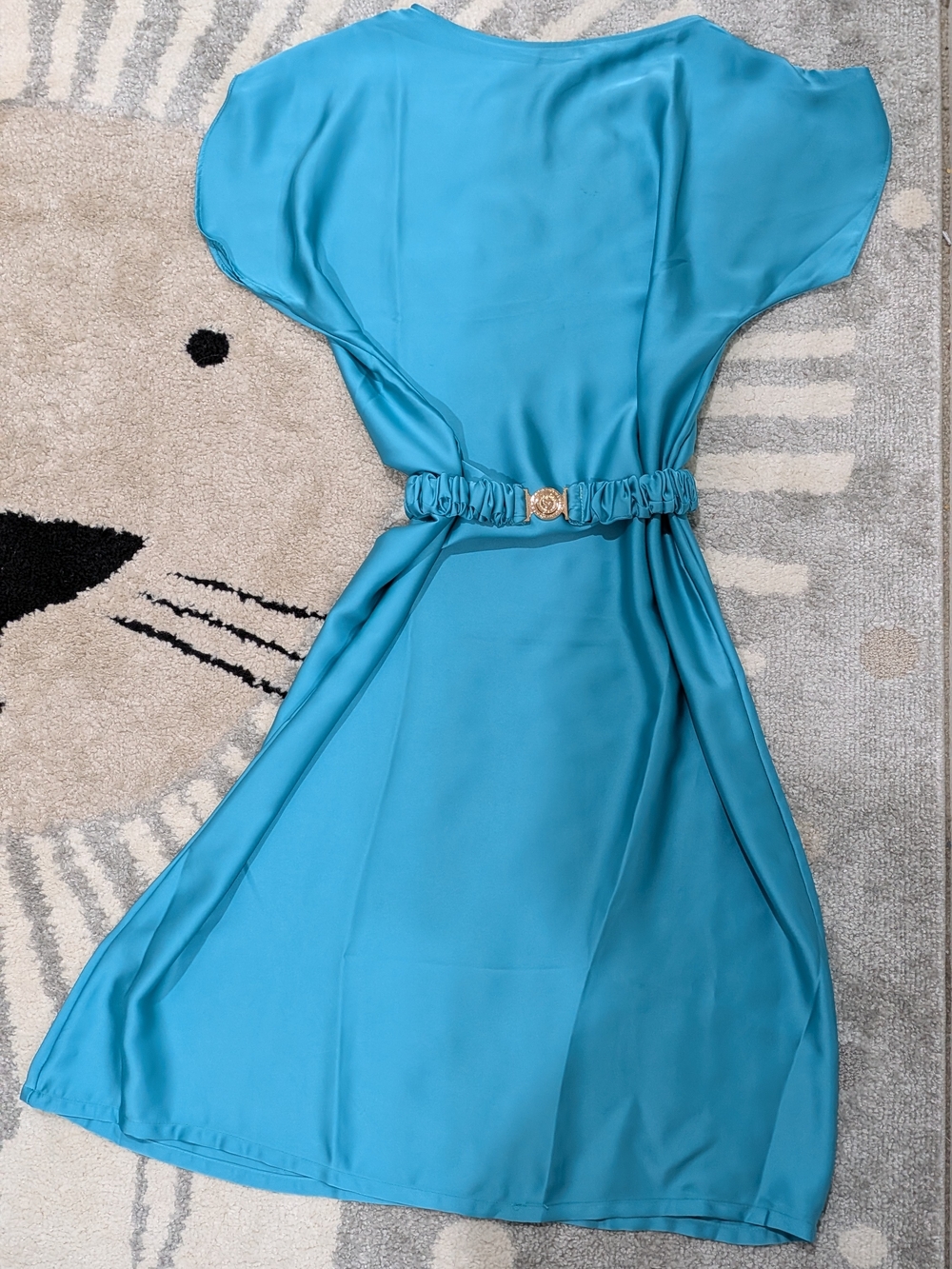 Elegant Turquoise  Elastic-Waist Satin Midi Dress - Free Style